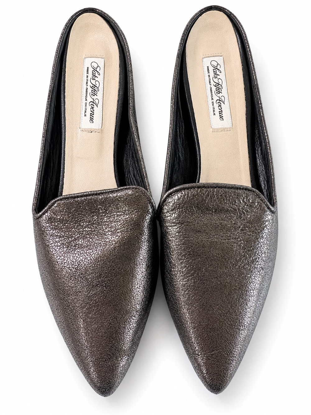 Vintage Saks Fifth Avenue Made in Italy Metallic Leather Pointed Toe Mules Sz 8